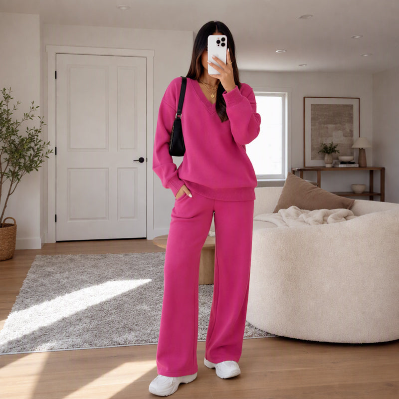 ✨ Ensemble 2 pièces pour femme : pull en maille col V et pantalon large, facile à porter au quotidien 🧶