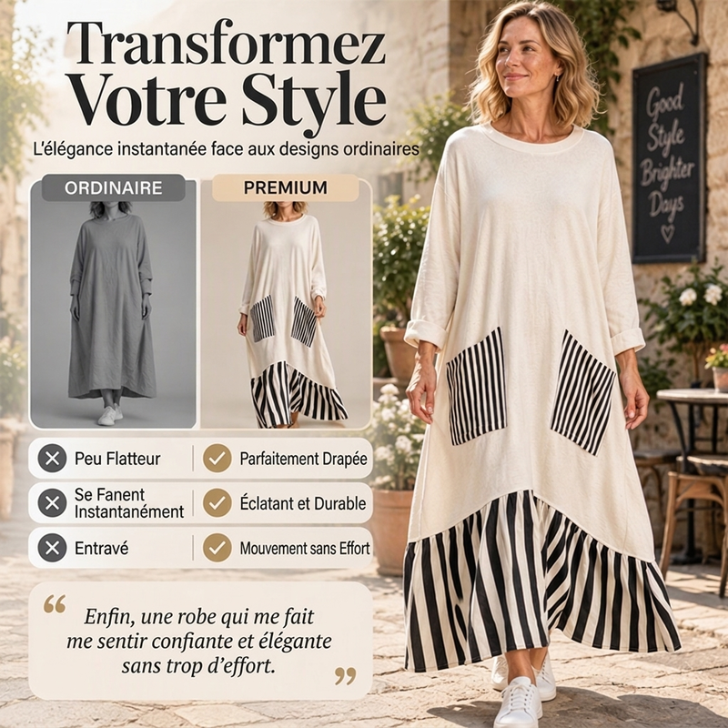 ✨ Robe maxi pour femme à manches longues et patchwork rayé : facile à porter au quotidien 👗