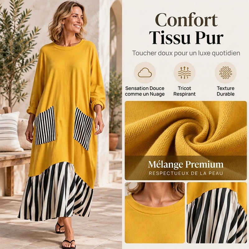 ✨ Robe maxi pour femme à manches longues et patchwork rayé : facile à porter au quotidien 👗