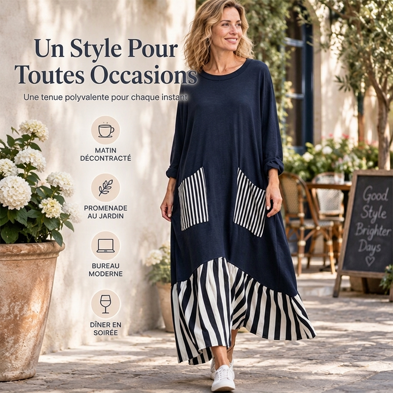 ✨ Robe maxi pour femme à manches longues et patchwork rayé : facile à porter au quotidien 👗
