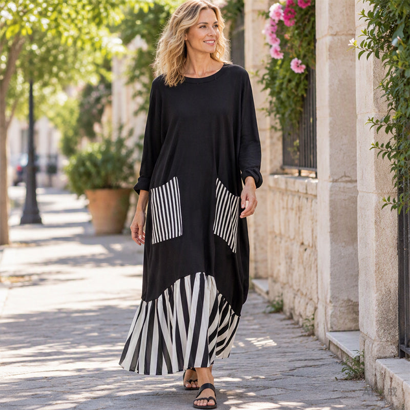 ✨ Robe maxi pour femme à manches longues et patchwork rayé : facile à porter au quotidien 👗