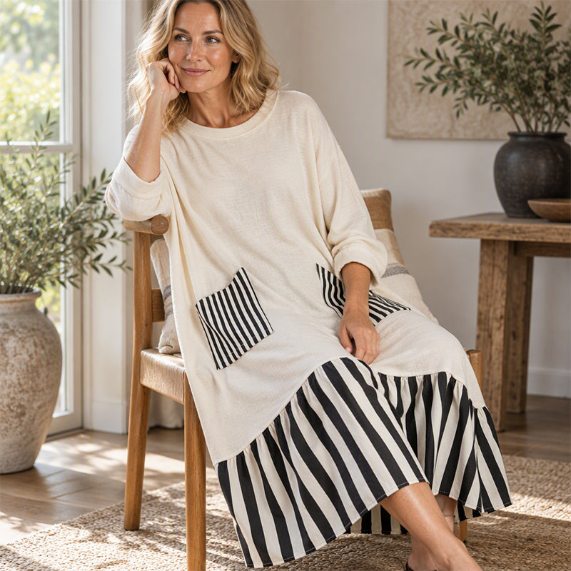 ✨ Robe maxi pour femme à manches longues et patchwork rayé : facile à porter au quotidien 👗