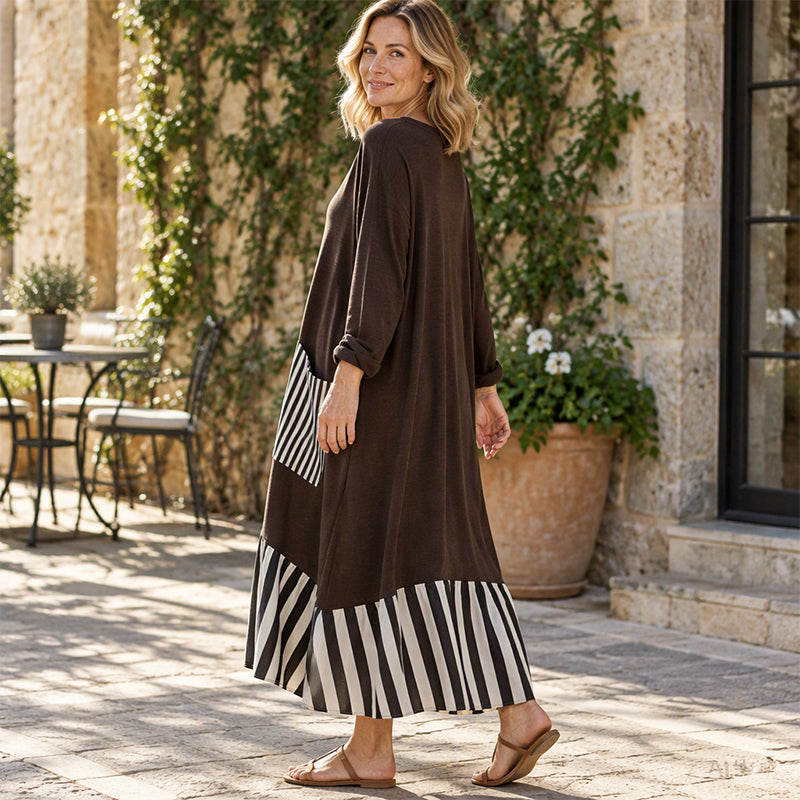 ✨ Robe maxi pour femme à manches longues et patchwork rayé : facile à porter au quotidien 👗