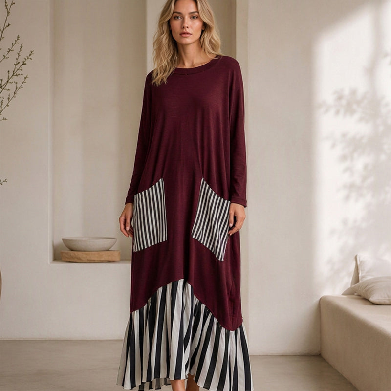 ✨ Robe maxi pour femme à manches longues et patchwork rayé : facile à porter au quotidien 👗