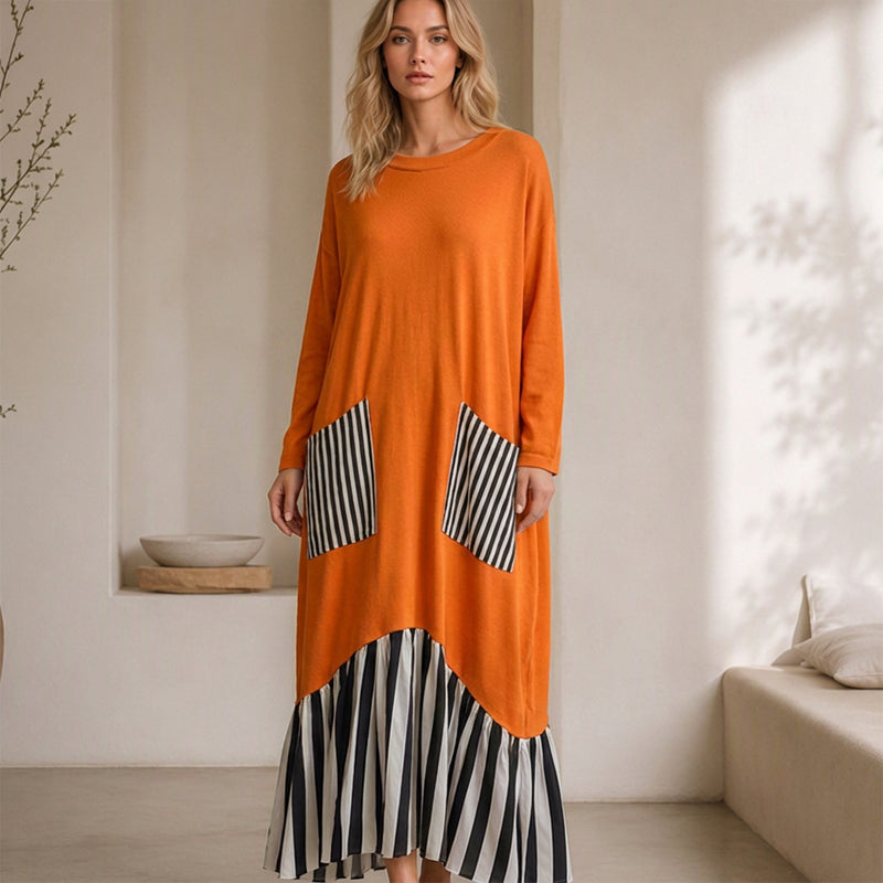 ✨ Robe maxi pour femme à manches longues et patchwork rayé : facile à porter au quotidien 👗
