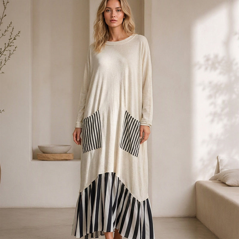 ✨ Robe maxi pour femme à manches longues et patchwork rayé : facile à porter au quotidien 👗