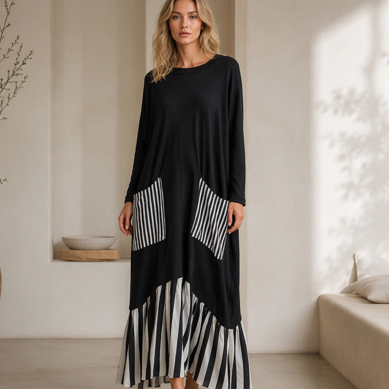 ✨ Robe maxi pour femme à manches longues et patchwork rayé : facile à porter au quotidien 👗