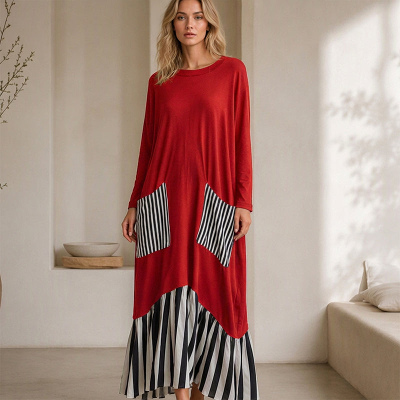 ✨ Robe maxi pour femme à manches longues et patchwork rayé : facile à porter au quotidien 👗