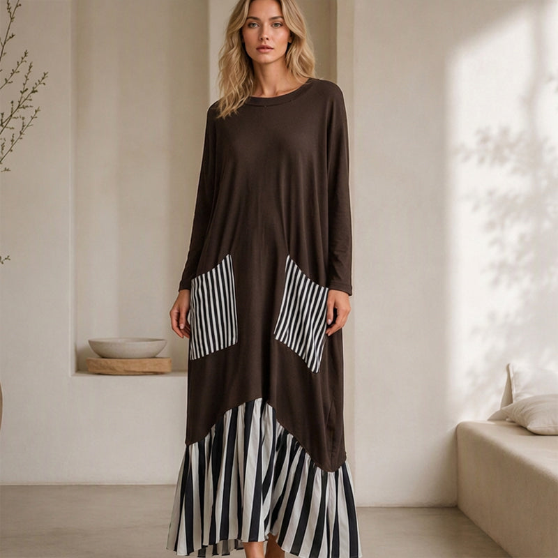 ✨ Robe maxi pour femme à manches longues et patchwork rayé : facile à porter au quotidien 👗
