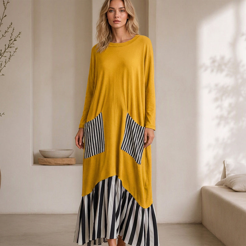 ✨ Robe maxi pour femme à manches longues et patchwork rayé : facile à porter au quotidien 👗