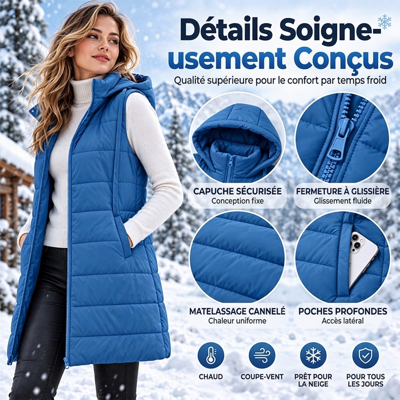 ✨ Gilet matelassé mi-long à capuche pour femme : facile à porter au quotidien 🧥