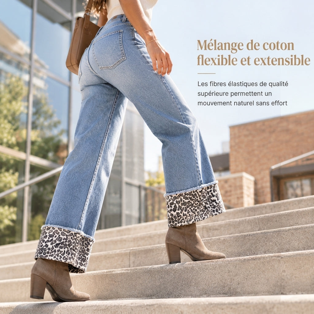 ✨ Jeans en denim bleu pour femme, ourlet léopard, lavé et extensible : facile à porter au quotidien 👖