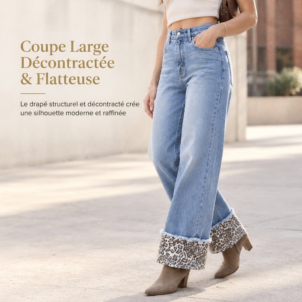 ✨ Jeans en denim bleu pour femme, ourlet léopard, lavé et extensible : facile à porter au quotidien 👖