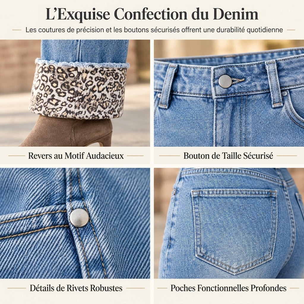 ✨ Jeans en denim bleu pour femme, ourlet léopard, lavé et extensible : facile à porter au quotidien 👖