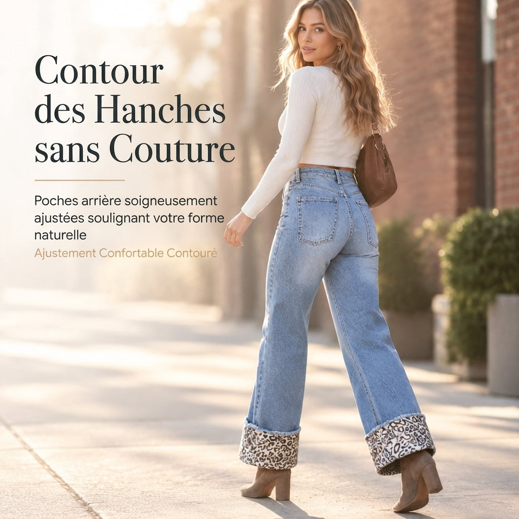 ✨ Jeans en denim bleu pour femme, ourlet léopard, lavé et extensible : facile à porter au quotidien 👖