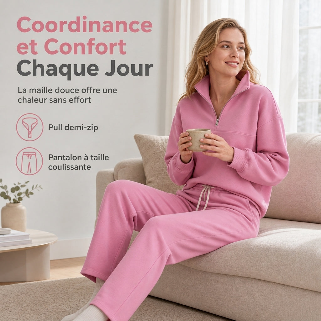 ✨ Ensemble deux pièces : haut demi-zip et pantalon long assortis, facile à porter au quotidien 🧶