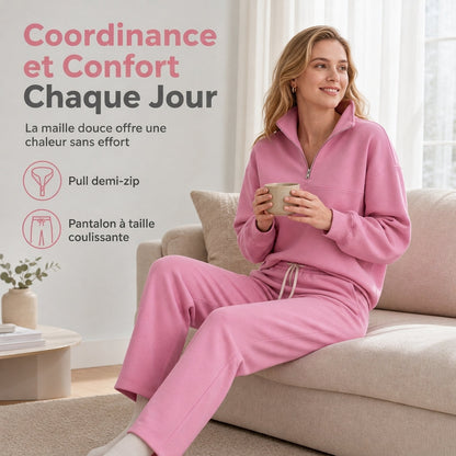 ✨ Ensemble deux pièces : haut demi-zip et pantalon long assortis, facile à porter au quotidien 🧶