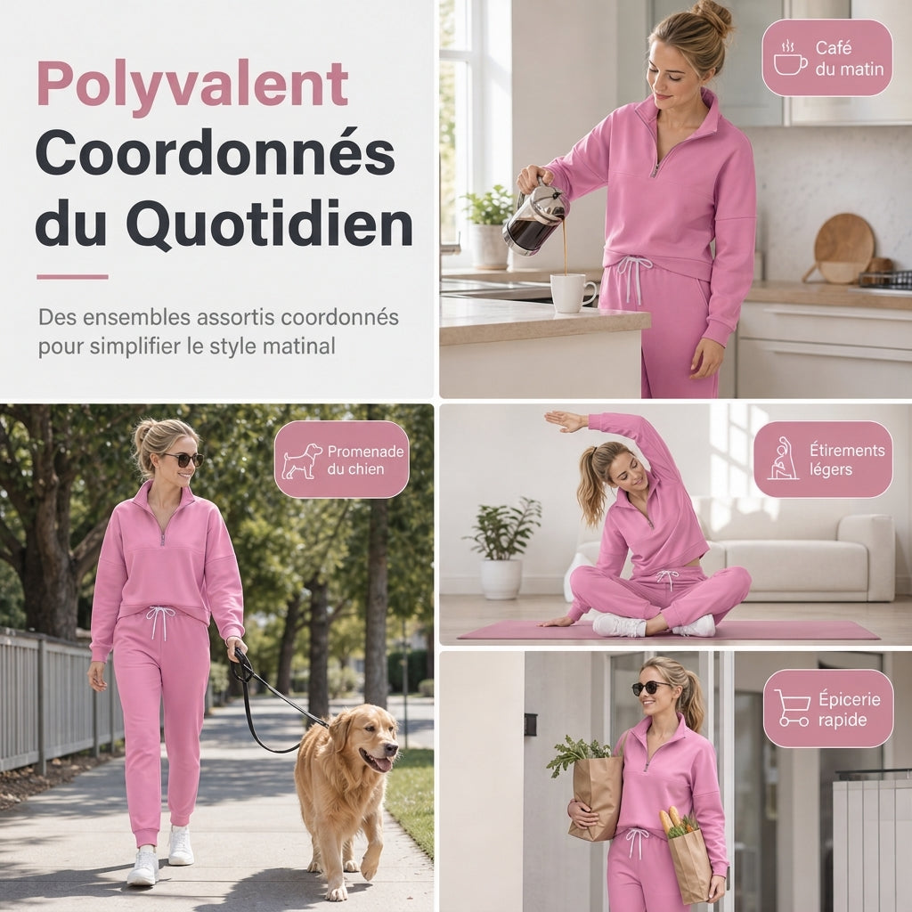 ✨ Ensemble deux pièces : haut demi-zip et pantalon long assortis, facile à porter au quotidien 🧶