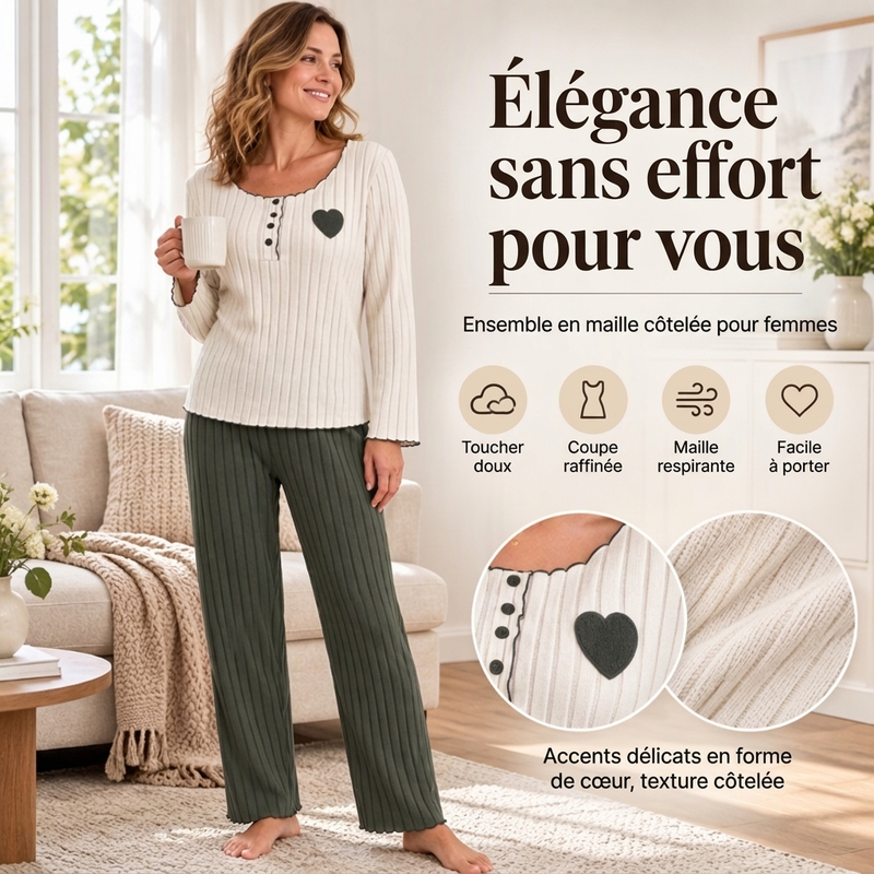 ✨ Ensemble de pyjama côtelé pour femme avec broderie cœur : facile à porter au quotidien 🩷
