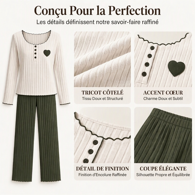 ✨ Ensemble de pyjama côtelé pour femme avec broderie cœur : facile à porter au quotidien 🩷