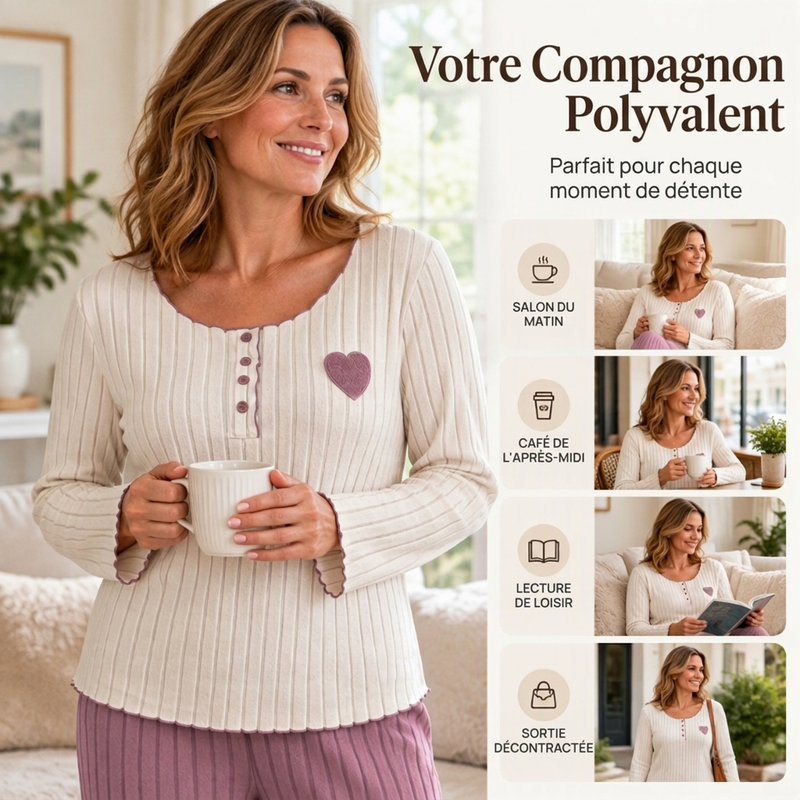 ✨ Ensemble de pyjama côtelé pour femme avec broderie cœur : facile à porter au quotidien 🩷