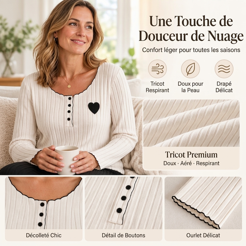 ✨ Ensemble de pyjama côtelé pour femme avec broderie cœur : facile à porter au quotidien 🩷