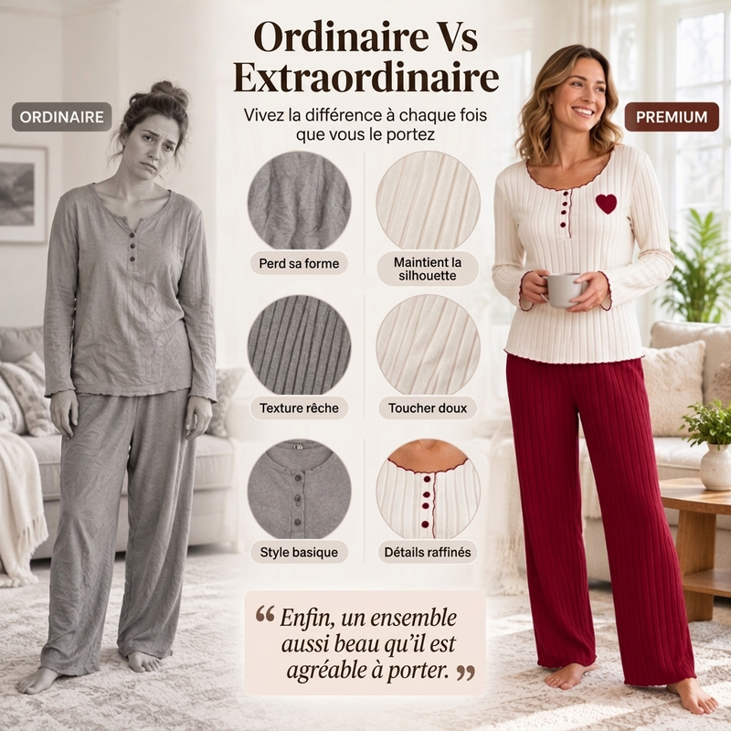 ✨ Ensemble de pyjama côtelé pour femme avec broderie cœur : facile à porter au quotidien 🩷