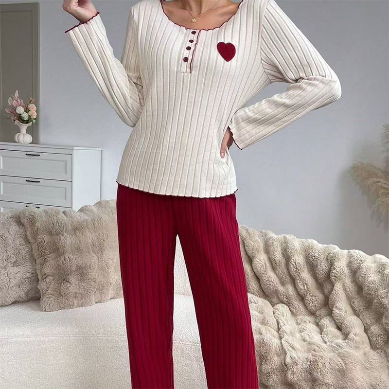 ✨ Ensemble de pyjama côtelé pour femme avec broderie cœur : facile à porter au quotidien 🩷