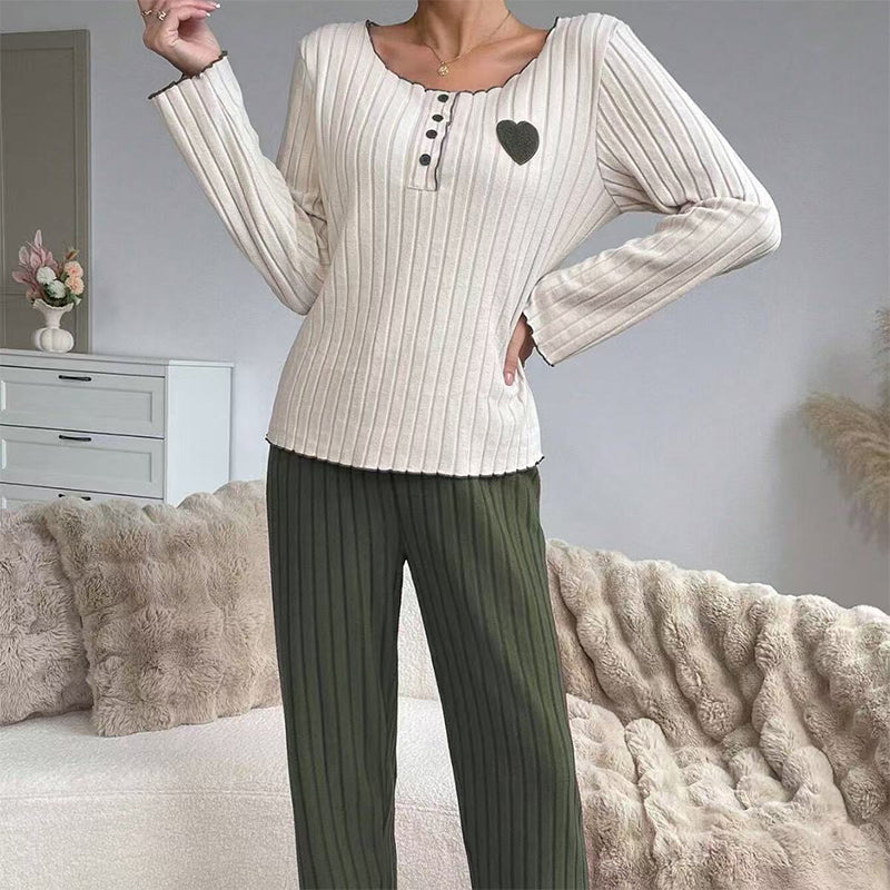 ✨ Ensemble de pyjama côtelé pour femme avec broderie cœur : facile à porter au quotidien 🩷