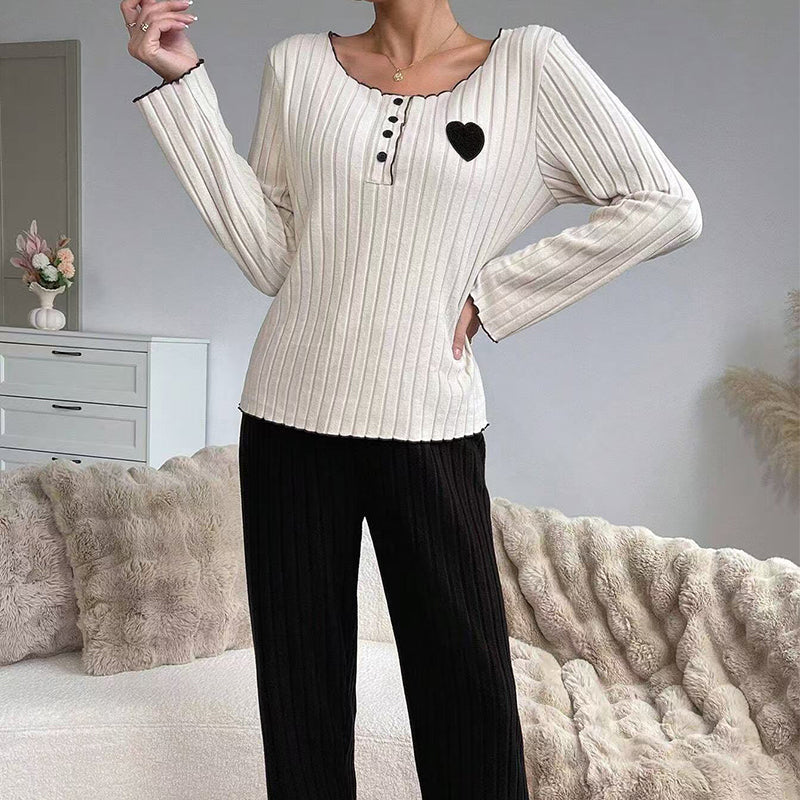 ✨ Ensemble de pyjama côtelé pour femme avec broderie cœur : facile à porter au quotidien 🩷