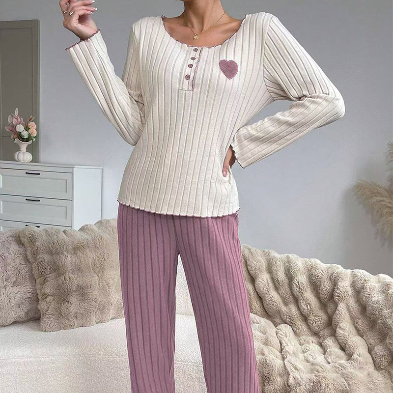 ✨ Ensemble de pyjama côtelé pour femme avec broderie cœur : facile à porter au quotidien 🩷