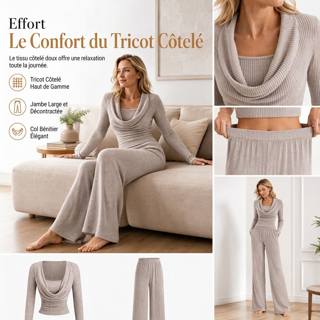 Ensemble deux pièces tricoté décontracté pour femmes, comprenant un haut à manches longues avec taille cintrée et un pantalon large à taille haute