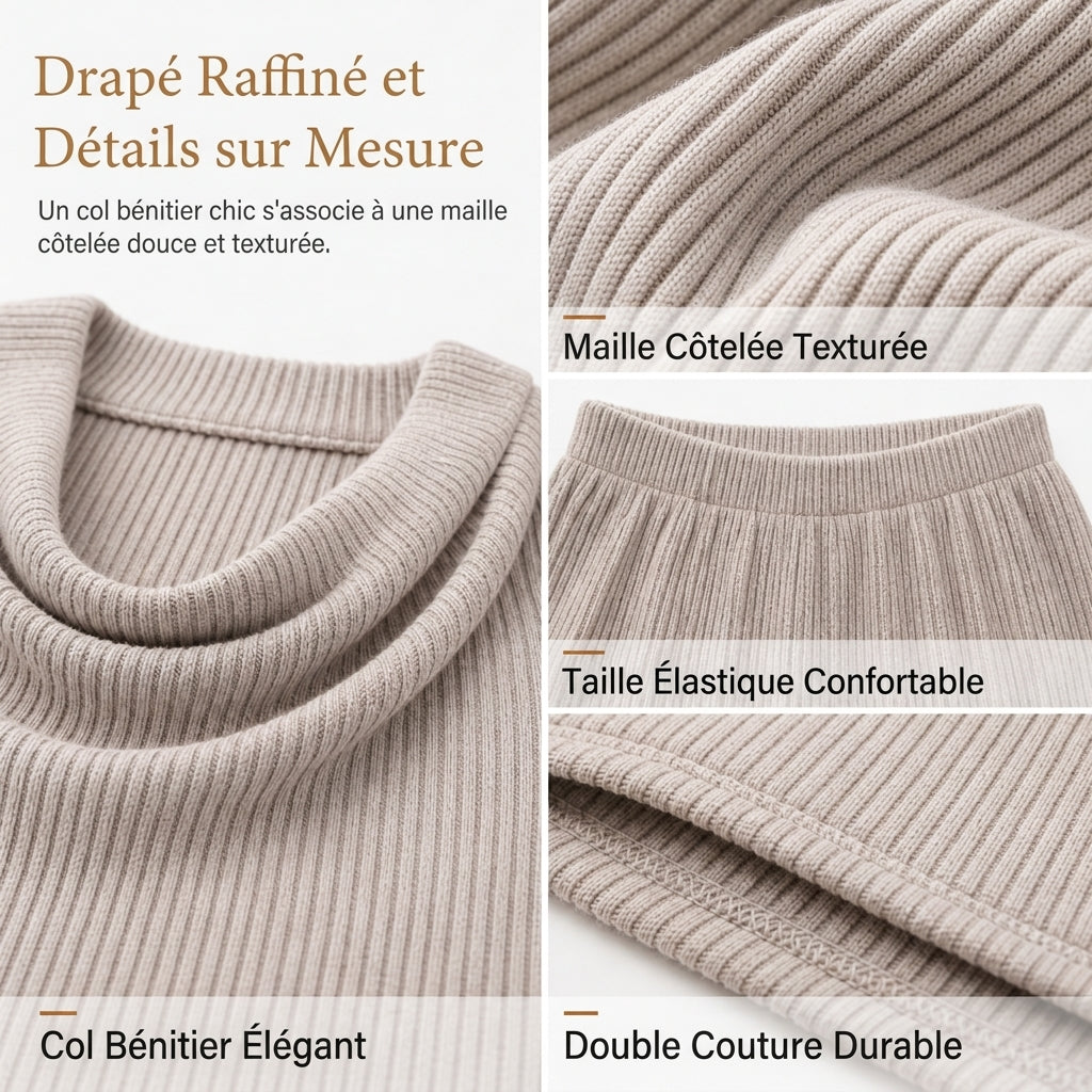 Ensemble deux pièces tricoté décontracté pour femmes, comprenant un haut à manches longues avec taille cintrée et un pantalon large à taille haute