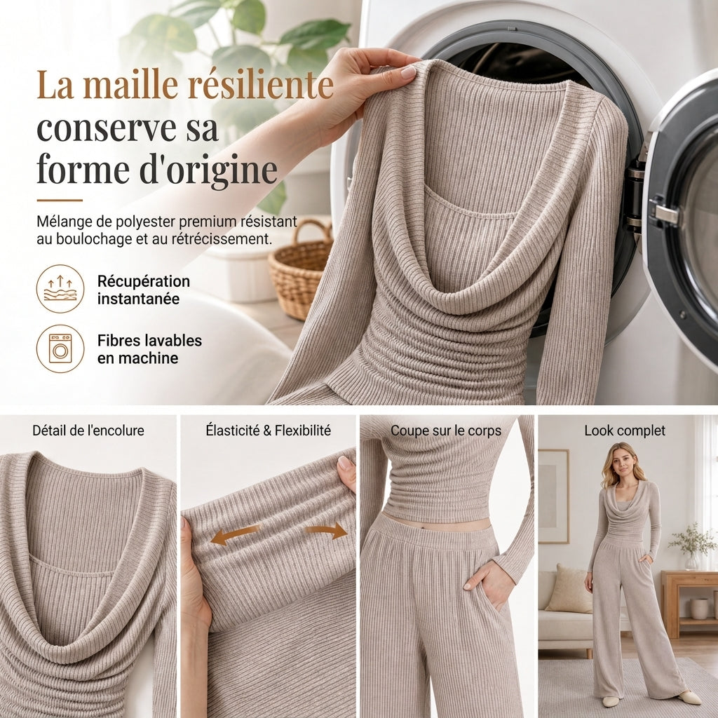Ensemble deux pièces tricoté décontracté pour femmes, comprenant un haut à manches longues avec taille cintrée et un pantalon large à taille haute