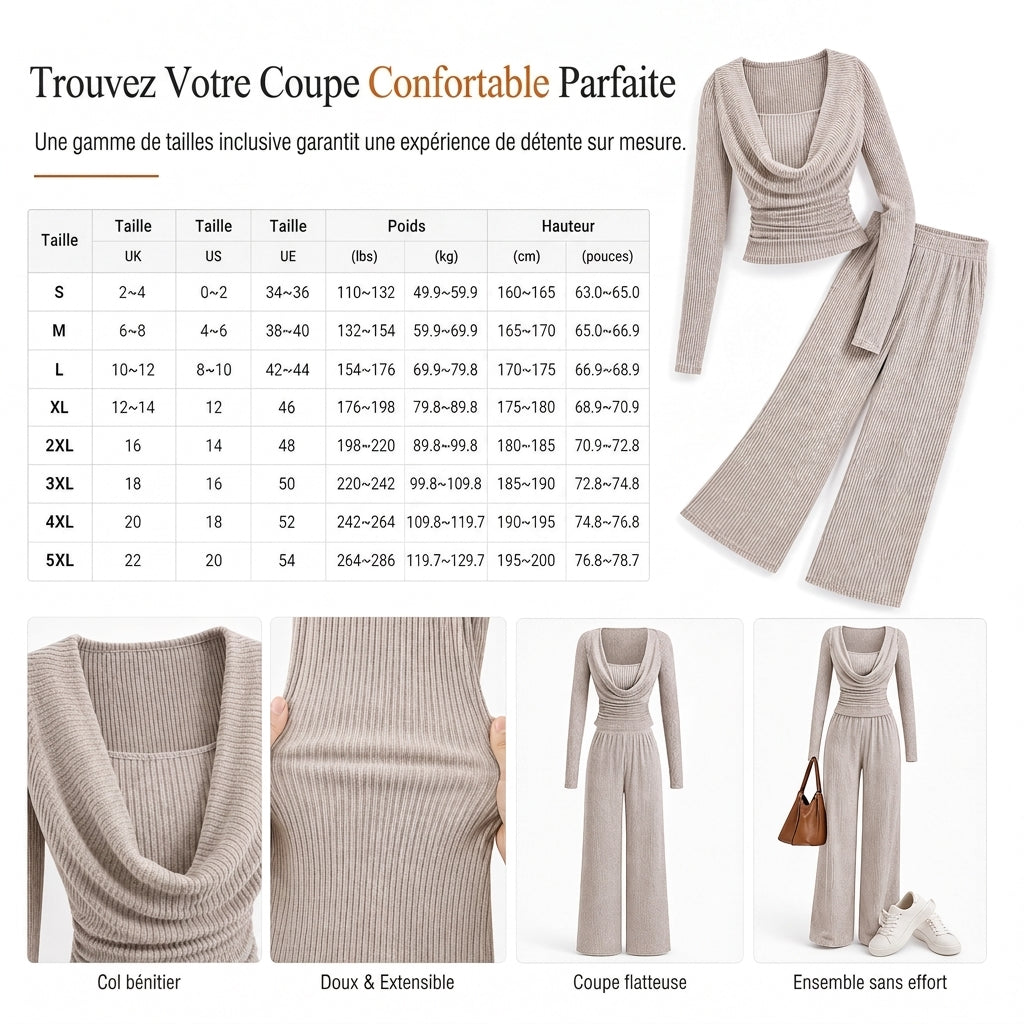 Ensemble deux pièces tricoté décontracté pour femmes, comprenant un haut à manches longues avec taille cintrée et un pantalon large à taille haute