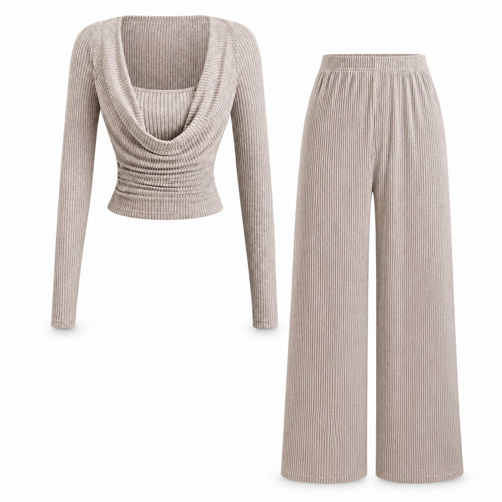 Ensemble deux pièces tricoté décontracté pour femmes, comprenant un haut à manches longues avec taille cintrée et un pantalon large à taille haute