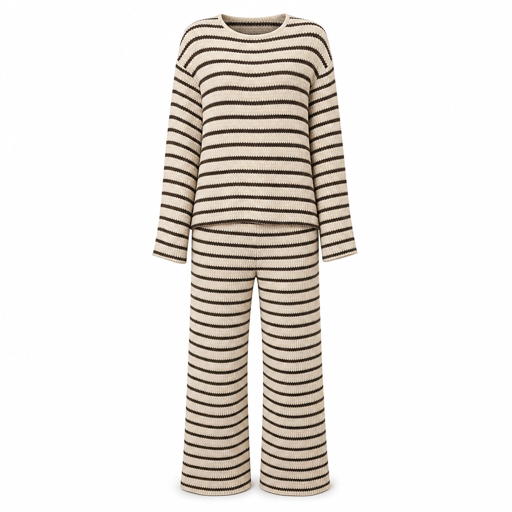✨ Ensemble de détente pour femme : haut rayé à col rond et manches longues, pantalon à cordon de serrage, facile à porter au quotidien 🛋️