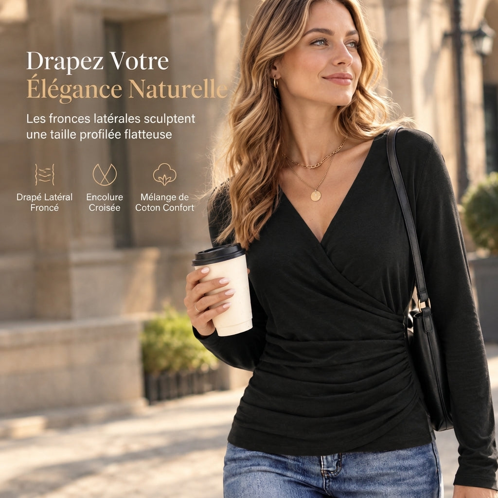 ✨ Haut femme col V à manches longues et taille froncée, coupe ajustée : facile à porter au printemps comme en automne 🌸