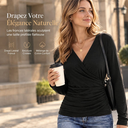 ✨ Haut femme col V à manches longues et taille froncée, coupe ajustée : facile à porter au printemps comme en automne 🌸