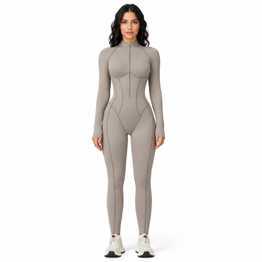 Combinaison femme côtelée à col montant et demi-zip, body de yoga et fitness à maintien élevé