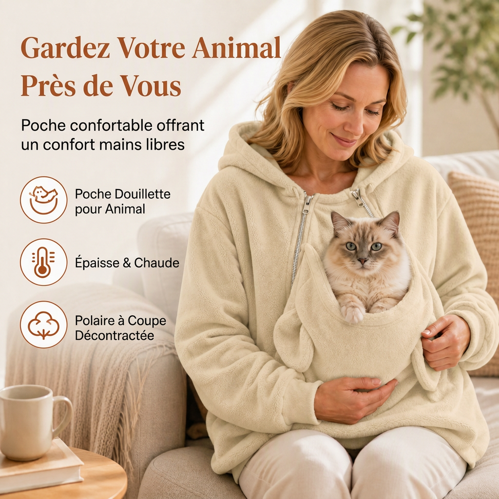 Sweat à capuche pochette kangourou ample avec fermeture éclair pour transport d'animaux