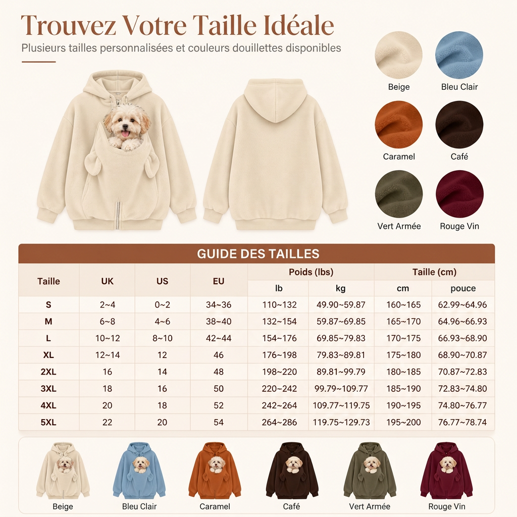Sweat à capuche pochette kangourou ample avec fermeture éclair pour transport d'animaux